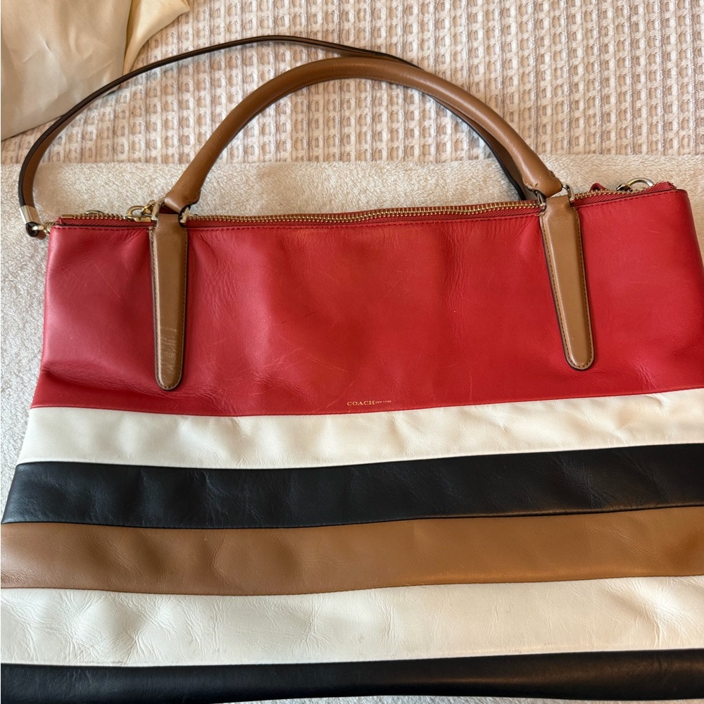 Coach Striped Leather Tote in Red, White, Black and Tan